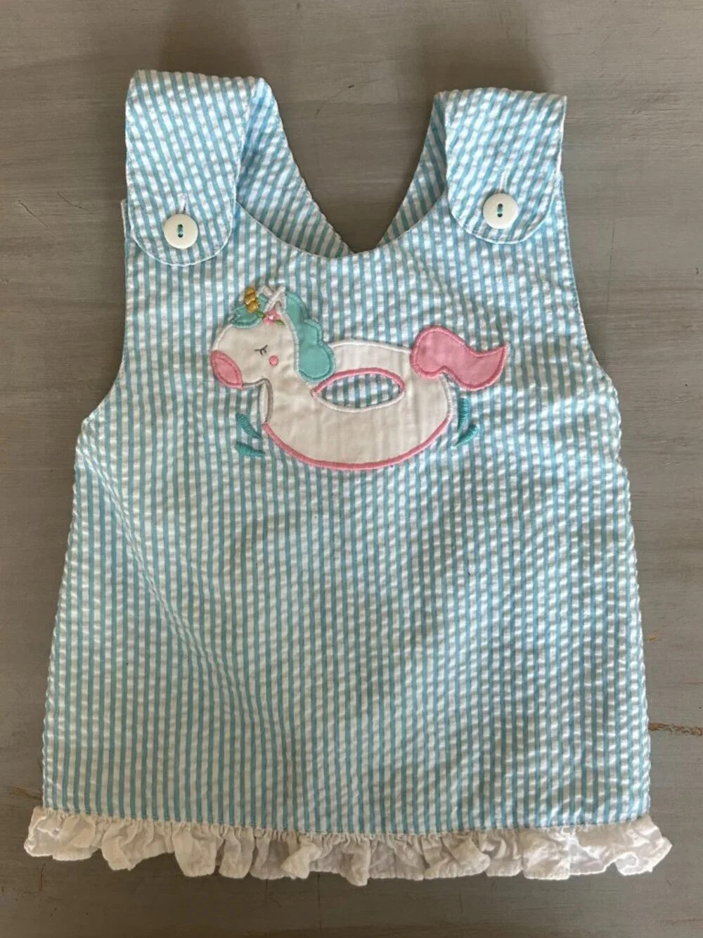 Petit Ami Baby Girls Size 3 months Unicorn Pool Float Seersucker Applique Popove